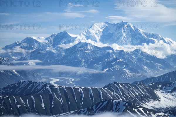 Panorama, clouds over high mountains, Mt Denali or Mount McKinley, aerial view, Alaska Range,