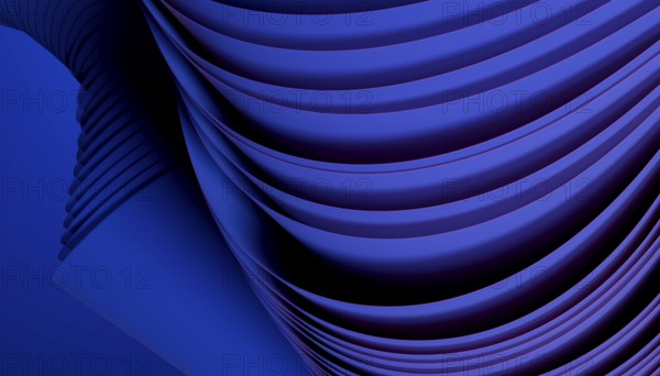 Dynamic abstract 3D image featuring flowing dark blue wave patterns and fluid curves, creating a