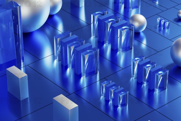 An array of geometric forms cast in blue illuminates a stunning 3D technological environment,