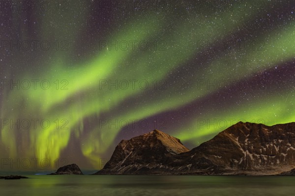 Aurora over the mountains and sea of Lofoten, Northern Lights, Northern Lights, Landscape, Leknes,