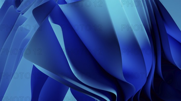 Smooth, flowing blue waves form an abstract background, resembling a digital landscape. The design