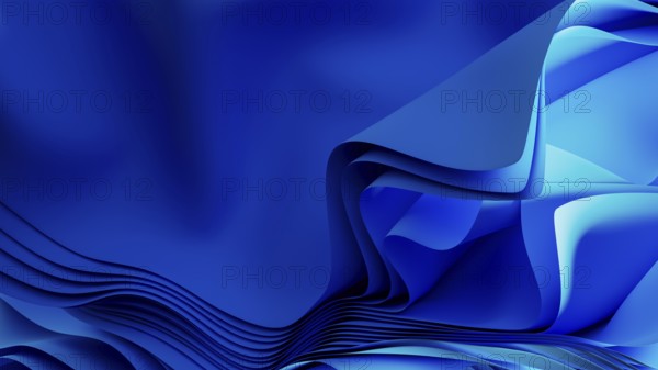 Smooth, flowing blue waves form an abstract background, resembling a digital landscape. The design