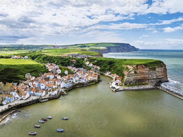 Staithes Village from a drone, North Yorkshire, North York Moors National Park, England, United