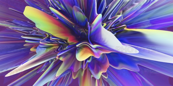 A striking image featuring vibrant 3D extrusions in holographic, fluid colors, creating a dynamic