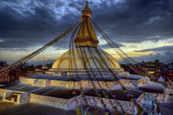 Nepal. landlocked country in the Himalayas, Kathmandu, Bodnath, Boudnath, stupa, colorful flags,