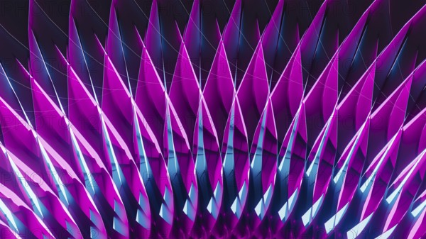 Colorful neon lights illuminate sharp geometric shapes in an abstract design, creating a