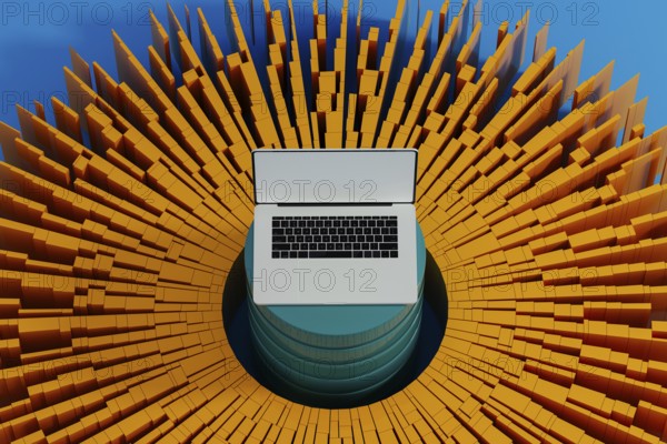 A laptop stands surrounded by vibrant data elements, symbolizing connection and network activity