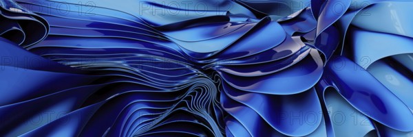 This abstract image features fluidly swirling metallic blue waves, creating a sense of dynamic