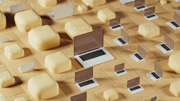 Laptops are arranged against a backdrop of geometric shapes and tiles, creating a contemporary tech