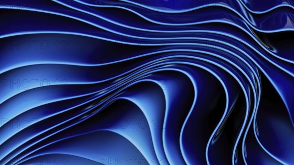 Vivid abstract blue waves create a dynamic flowing pattern, with smooth curves and gradients. The