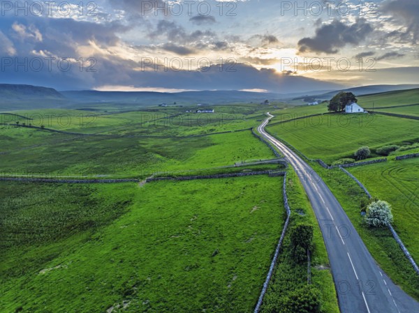 Forest in Teesdale over River Tees from a drone, North Pennines AONB, County Durham, England,