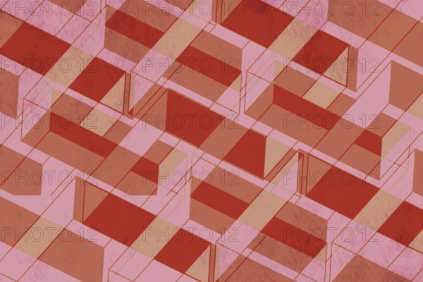 An abstract geometric pattern featuring overlapping red translucent shapes creating a complex and