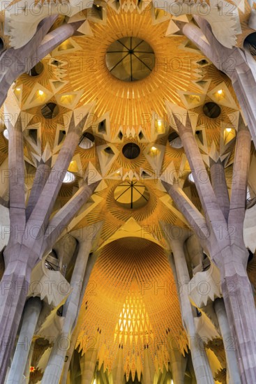 Interior view of the Familia Sagrada by the architect Antonio Gaudi in Barcelona, Spain
