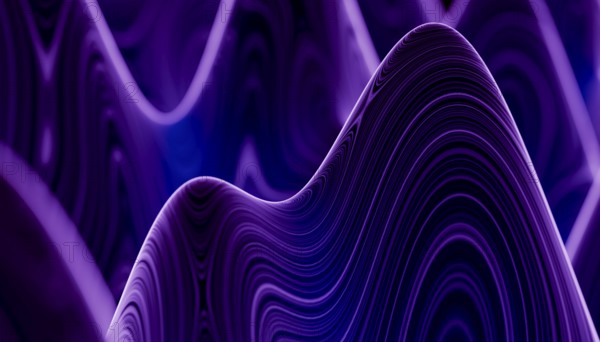 A mesmerizing 3D render depicting undulating abstract wave patterns in varying shades of purple and