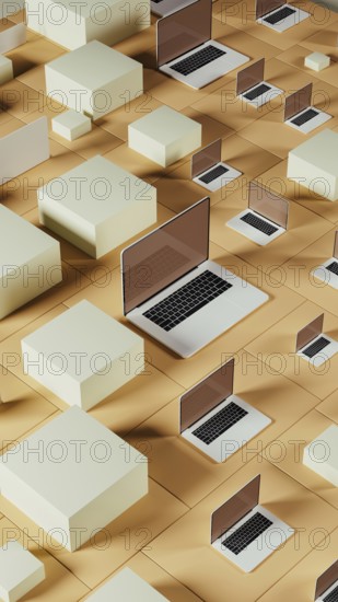 Multiple laptops rest on a geometric background made of tiles, showcasing a modern and abstract