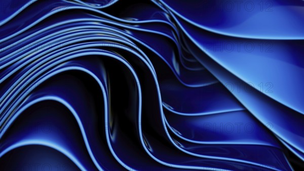 A striking abstract visual of fluid waves in deep blue hues, featuring smooth curves and shiny