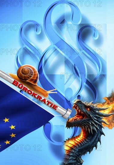 Symbolic photo, snail moving in the flood of laws, government kite eating European Union,