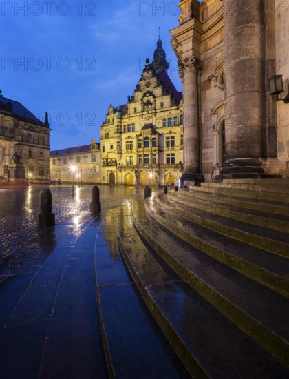 House of Estates, Procession of Princes, Georgentor and Court Church on Schlossplatz during rain,