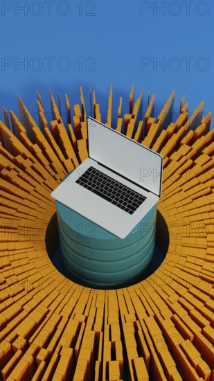 A laptop stands surrounded by vibrant data elements, symbolizing connection and network activity