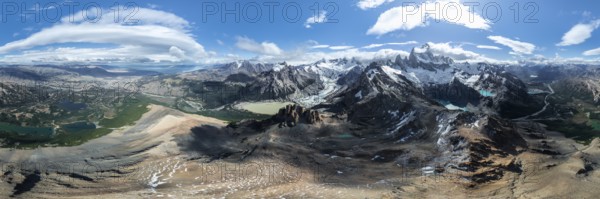 Aerial view, epic panorama, large glaciers, glacial lakes Lago de los Tres Laguna Sucia and Laguna