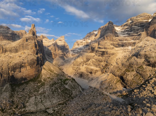 Evening at Refugio Francis Fox Tuckett, alpine panorama, aerial view, impressive mountain peaks of