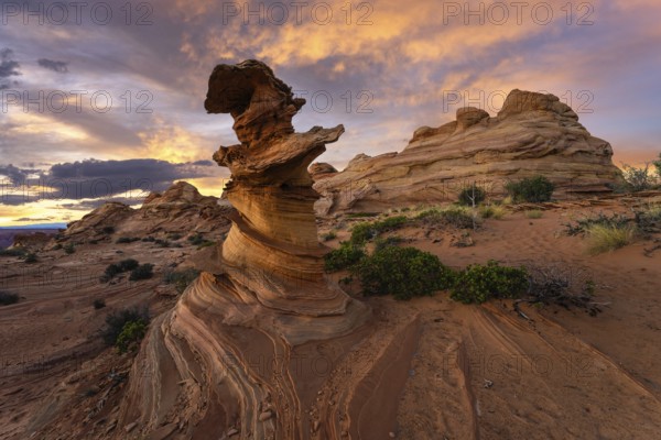 A stunning sunset casts warm hues over the distinctive swirls and layers of sandstone rock