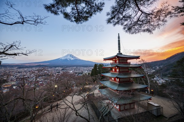 Five-story pagoda of a Shinto Shrine, Chureito Pagoda, with views of Fujiyoshida City and Mount