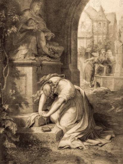 Gretchen calls Our Lady of Sorrows to help her, first part of the tragic play Faust by Johann