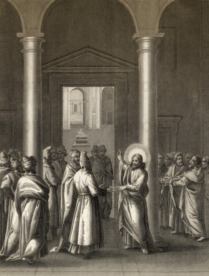 Render unto Caesar, the Tribute Money, Pharisees try to trap Jesus, steel engraving 1853, digitally
