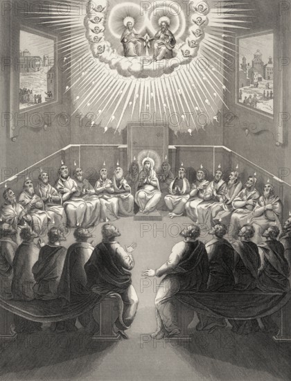 The Day of Pentecost, the descent of the Holy Spirit upon the Apostles, Steel engraving 1853,