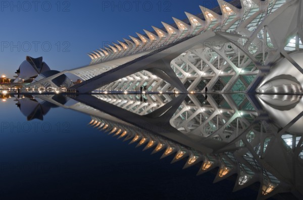 Stunning evening view of the City of Arts and Sciences in Valencia, Spain, showcasing its