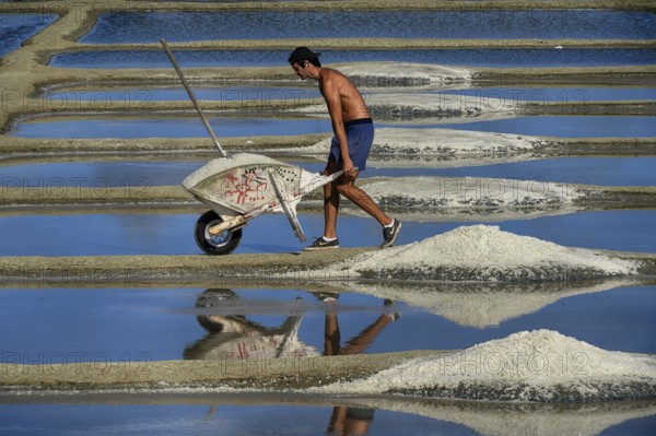 France, Brittany, A man extracting salt in Salants de Guerande, Salants de Guerande, Brittany,