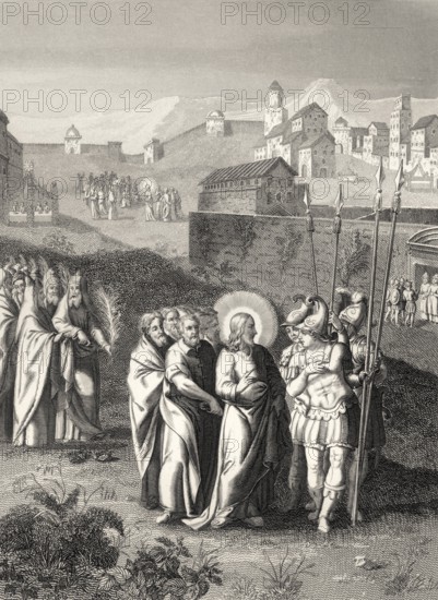Pharisees try to trap Jesus, Is it right to pay taxes to Caesar or not, steel engraving 1853,