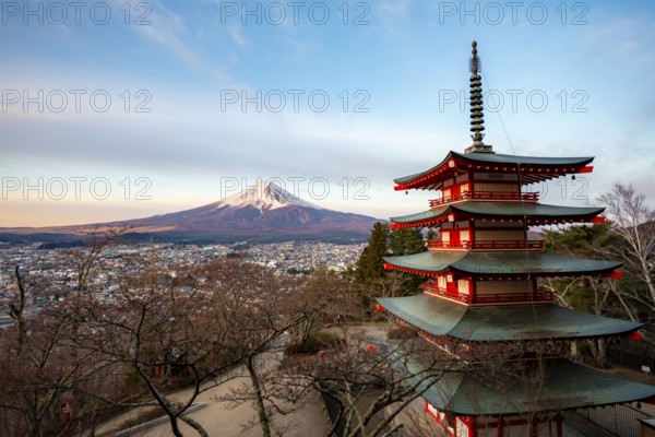 Five-story pagoda of a Shinto Shrine, Chureito Pagoda, with views of Fujiyoshida City and Mount