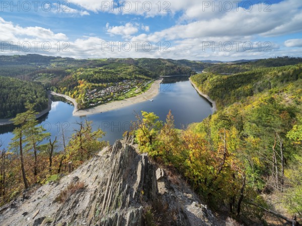 View from Bockfelsen of Hohenwarte Reservoir in autumn, Saaleschleife, Obere Saale, Thuringian