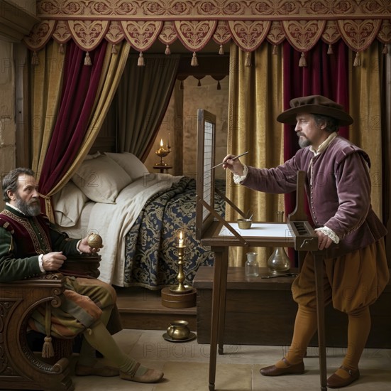 Perspective drawing with an Albrecht Dürer device, historical illustration, digitally processed,