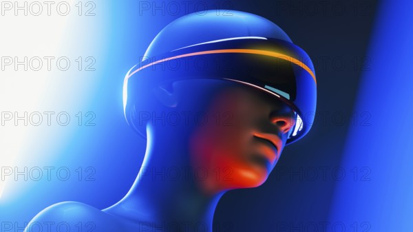 A humanoid wearing virtual goggles experiences an augmented world filled with artificial