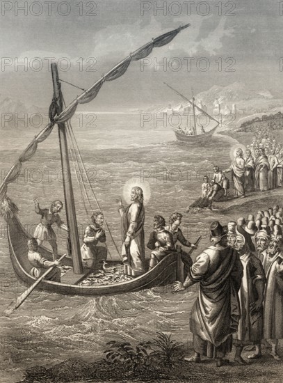 Miraculous Catch of Fish, Steel engraving 1853, digitally restored