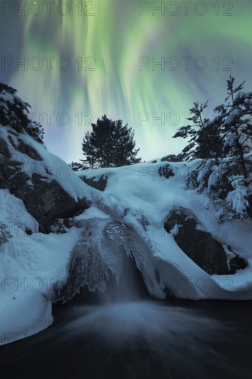 The serene beauty of the northern lights arching through a starry sky above a snow-covered