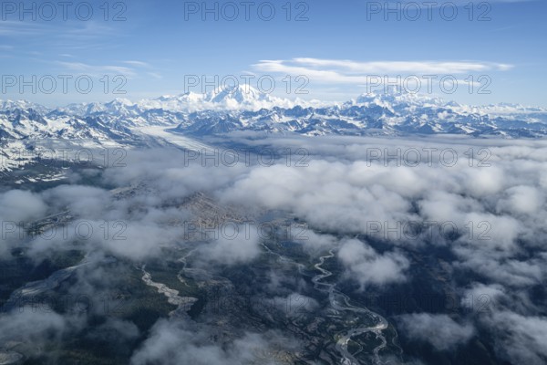 Mt Foraker and Mt Denali or Mount McKinley, aerial view, Alaska Range, Denali National Park,