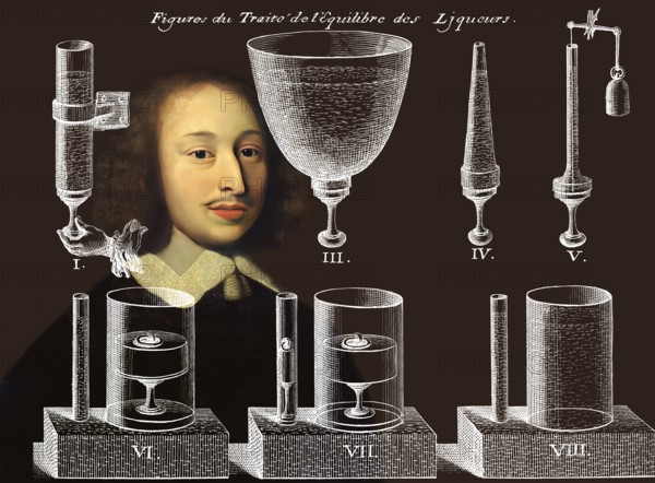 Portrait of Blaise Pascal with a page of Traitez de l'equilibre des liqueurs, et de la pesanteur de
