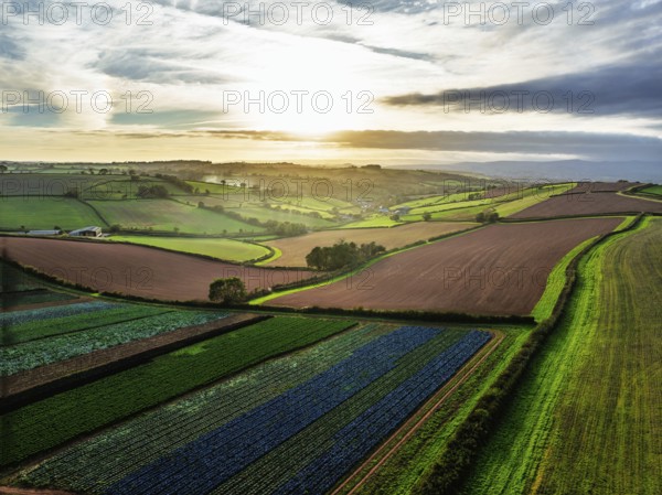 Colours of autumn Fields and Farms over Sheldon from a drone, Torbay, Devon, England, United