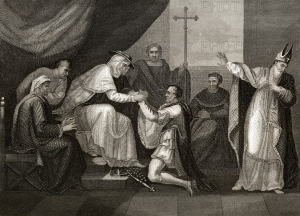 König Johann kniet vor dem päpstlichen Legaten Kardinal Pandulf Verraccio, Szene aus dem