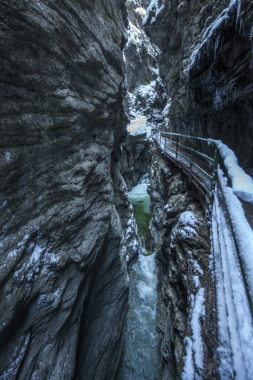 Winter, snowy landscape, river Breitach and hiking trail through the Breitachklamm gorge near