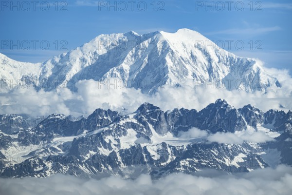 Clouds over high mountains, Mt Foraker, aerial view, Alaska Range, Denali National Park, Alaska,