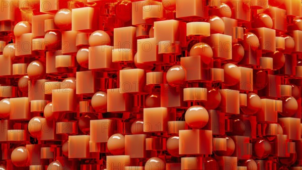 An engaging array of 3D geometric shapes in fiery orange tones combines spheres and cubes, creating