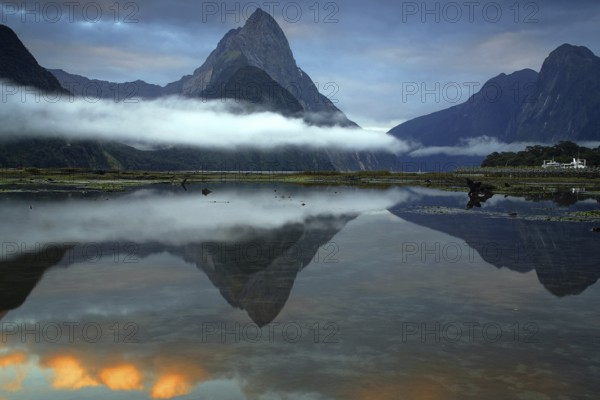 Milford Sound at sunrise, reflection in lake, South Island, New Zealand, Milford Sound, South