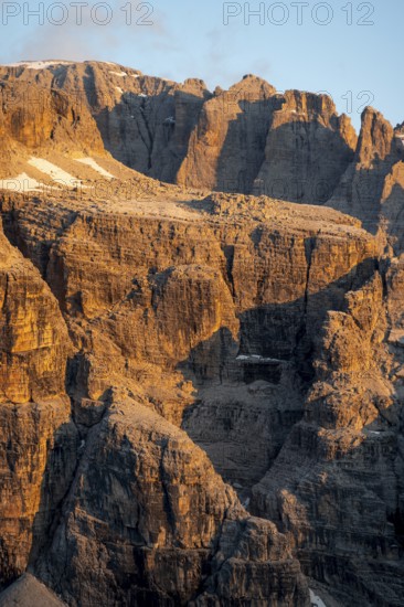 Detail, rocks and mountain peaks of the Brenta Mountains, evening mood with alpine glow, Brenta,