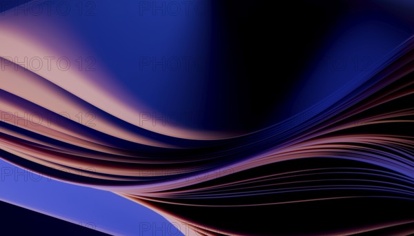 An abstract 3D depiction of flowing blue and purple waves, creating a sense of dynamic motion and