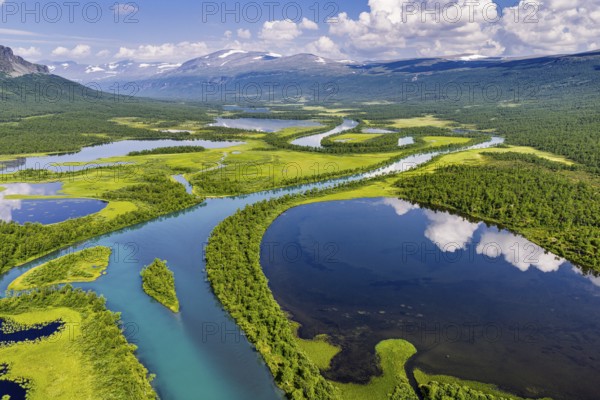 Aerial view of river Vistasjohka, branching river arms, turquoise colored river, Vistasvagge